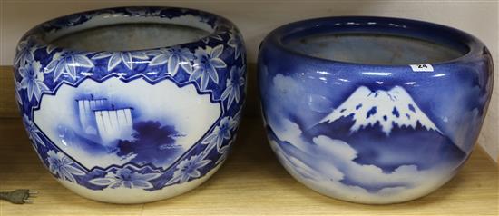 Two blue and white early 20th century Japanese jardinieres diameter 39cm
